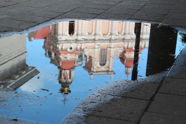Architecture reflection in the water of Vilnius, Lithuania 