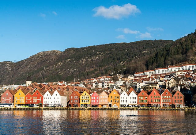 Bergen colorful houses overlooking a lake and mountain in Norway