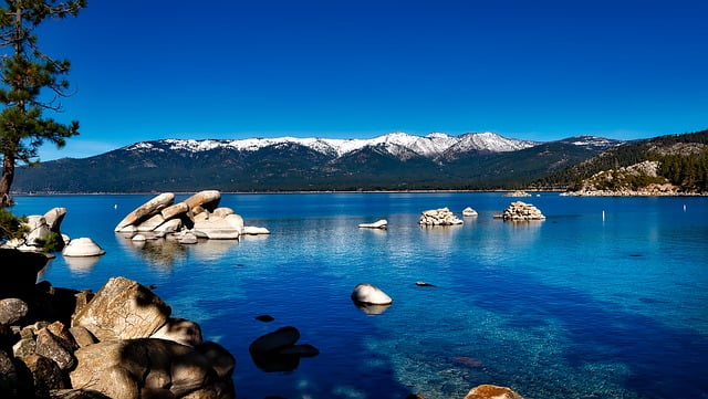 Lake Tahoe stunning scenic views with mountains in the background, USA