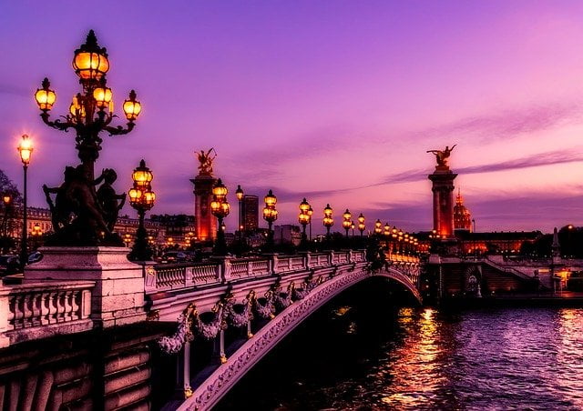Paris purple sunset bridge views in France