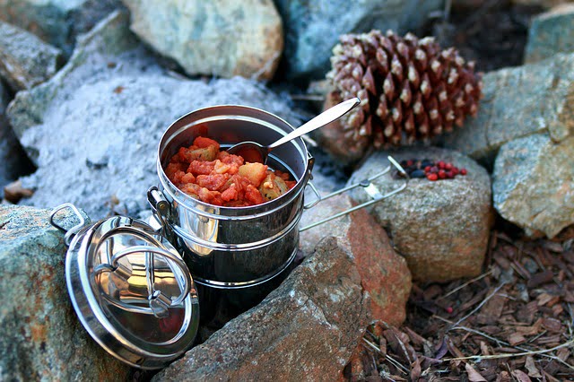 Stew in a container on a camping trip
