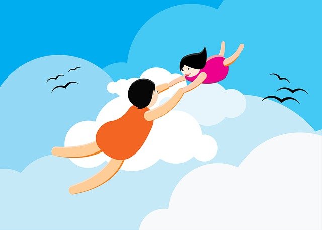 Kid flying in the sky with clouds drawing