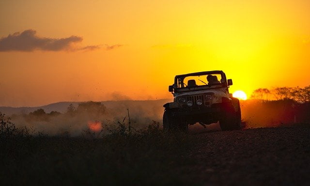 Jeep sunset off-road driving
