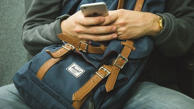 Smartphone on top of backpack