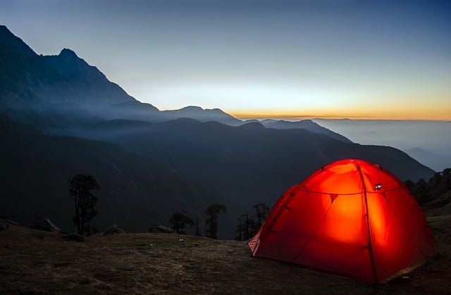 Camping tent for sunset views with majestic scenery