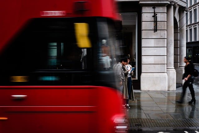 London street scene with bus going by