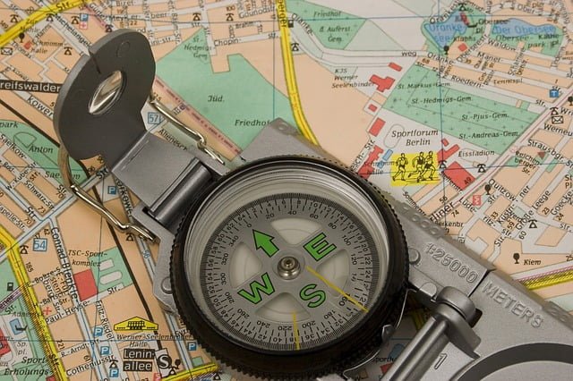 Travel compass on map