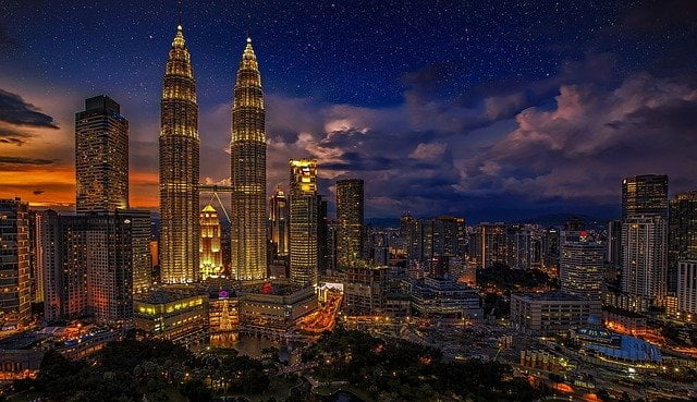 Kuala Lumpur skyline at night in Malaysia